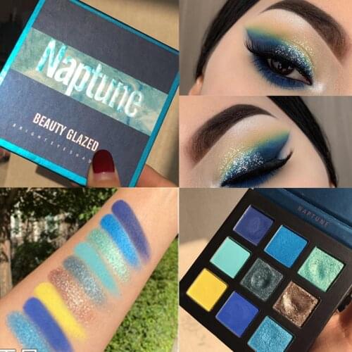 Beauty Glazed 9 Colors Eyeshadow Pallete Naptune Blue Glitter Shimmer Matte Eye Shadow Makeup Palette Waterproof Neon Pigments