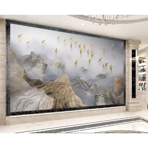 Beibehang Large wallpaper New Chinese 3d Landscape Gold Lines Birds TV Background Wall papel de parede 3d wallpaper behang