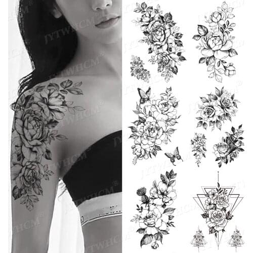 Black Flower on Chest Temporary Tattoo for Women Waterproof 3D Flower Blossom Fake Tattoo Sticker Translations for Children Kids