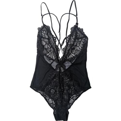 Black Lace Backless Spaghetti Strap See Through Sexy Open Crotch Bodysuit for Women Female Sexy Lingerie Underwear SLA059