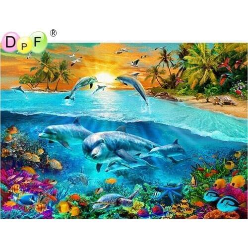 DPF Diamond Embroidery Needlework Coastal Dolphin 5D Round full Diamond painting Cross Stitch diamond Mosaic home decor crafts