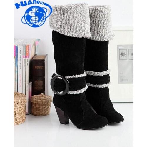 HUANQIU 2018 Large Size 33-43 Wholesale High Heels Winter Plush Boots Women Shoes Woman Boots Slip On Warm Woman Boots wyq271
