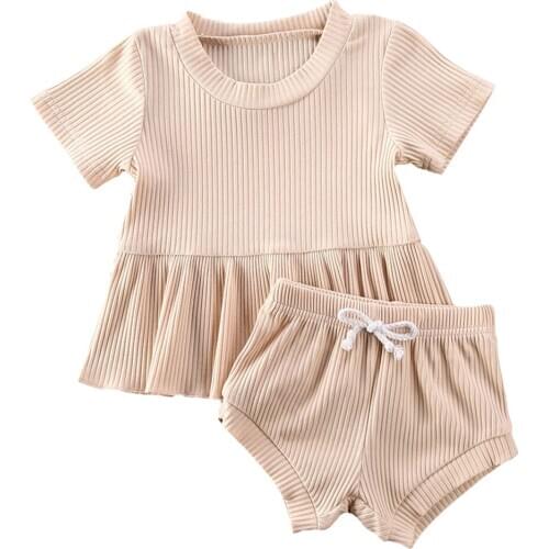 Baby Girls Boy Summer Clothes Set Short Sleeve Ruffle T Shirt Tops +Drawstring Shorts 2PCS Kids Outfit Set Solid Cotton Clothing