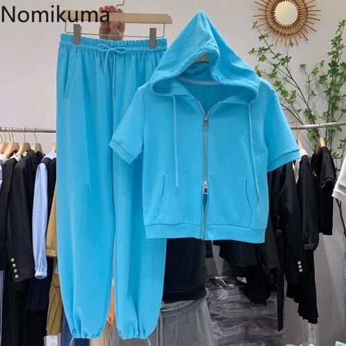 Nomikuma Women Two Pieces Outfits Short Hooded Sweatshirt Tops + Lace Up Waist Harem Pants Korean Causal Solid Pant Sets 6H132
