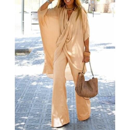 Womens Raglan Sleeve Bat Sleeve Top and Wide-leg Trousers Cotton and Linen Two-piece Suit Fall Fashion New Lugentolo