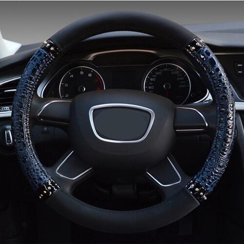 Micro Fiber Leather Steering Wheel Cover Stereo Crocodile Grain Steering Wheel Hubs For 14.5inch-15inch Black Blue Coffee Brown