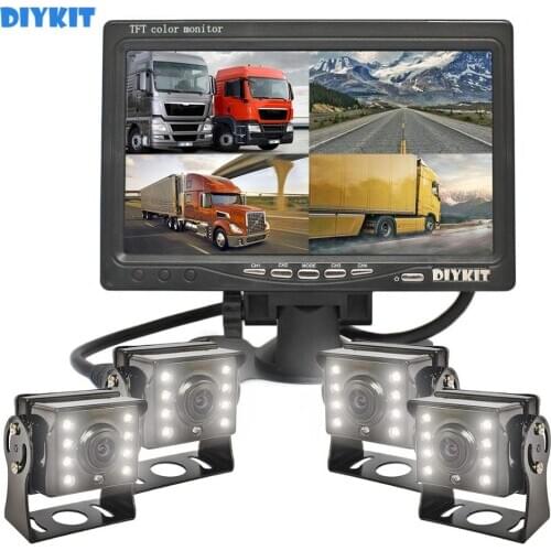 DIYKIT 7" TFT LCD 4 Split QUAD Rear View Monitor Car Monitor + CCD IR Night Vision Rear View LED HD Camera for Truck Bus RV