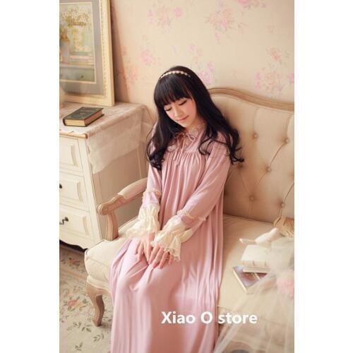Princess Nightgown Spring Autumn Sleepwear For Women Gown Long Sleeve Nightdress Pink Sleepwear Comfortable homewear
