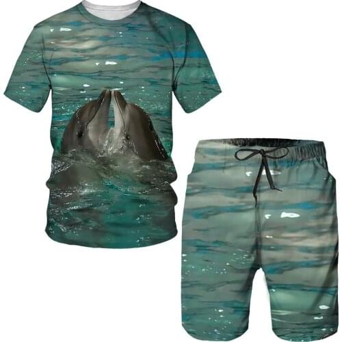 2021 New Fashion 3D Dolphin Print Summer T-shirts Suit Men t-shirt Streetwear Tops+shorts Sets 2-Piece Jogging sport tracksuit