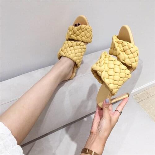 2021 New braided PU leather slippers women sandals runway party shoes woman sexy thin high heel mules shoes slippers woman