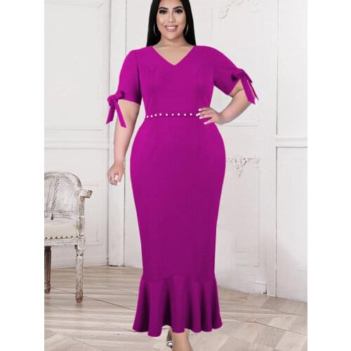 Long Dresses for Women V Neck Bodycon High Waist Beads Short Sleeve Ruffles Office Birthday Evening Party Robe Plus Size 4XL 5XL
