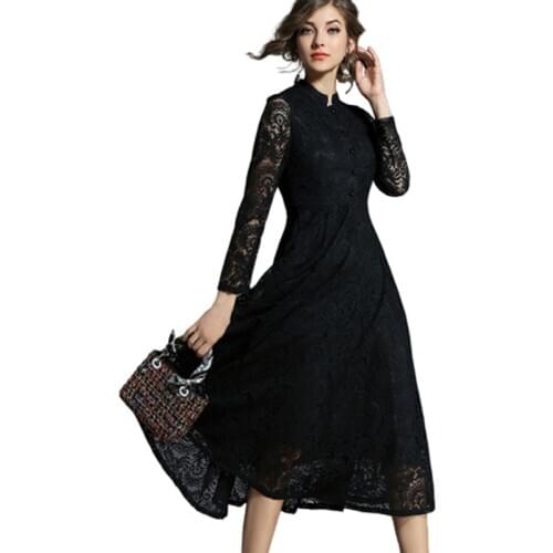 Spring Autumn Lace Long Dress Women Stand Neck Long Sleeve Plus Size 5xl Slim Office Work Dress Female Elegant Party Dresses