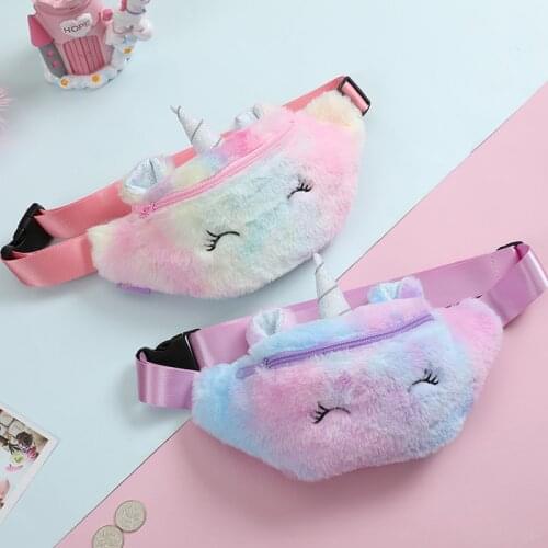 Girl Rainbow Fur Unicorn Pillow Waist Pack Student Winter Cartoon Plush Chest Shoulder Bag Women New Corduroy Zipper Fanny Pack