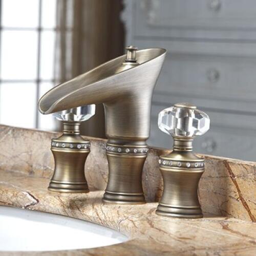 Luxury crystal dual handle solid brass copper Antique Basin faucet Bathroom cabinet Hot and cold water Waterfall faucet tap