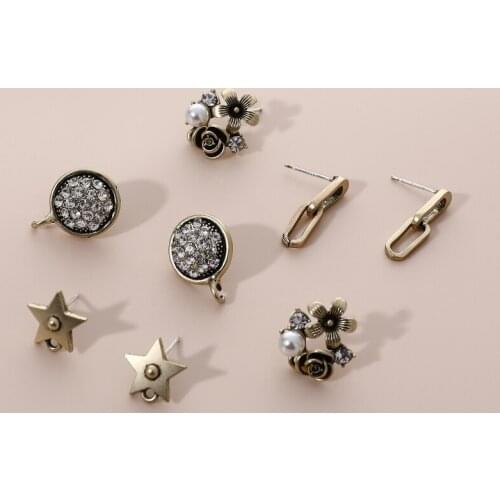 Retro Black and dumb Gold Diamond Flower round star Chain Earrings DIY handmade jewelry earrings accessories materials