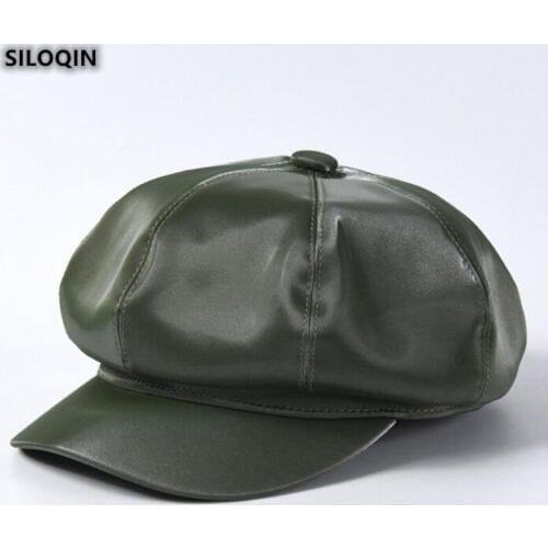 SILOQIN Autumn Winter Quality PU Leather Newsboy Caps For Womens Trend Octagonal Cap Snapback Fashion Leisure Tongue Cap NEW
