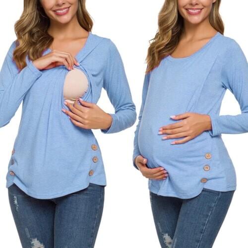 Womens Maternity Long Sleeve Side Button Tunic Nursing Tops For Breastfeeding Pregnant Nursing Clothes ropa para mujer embaraza