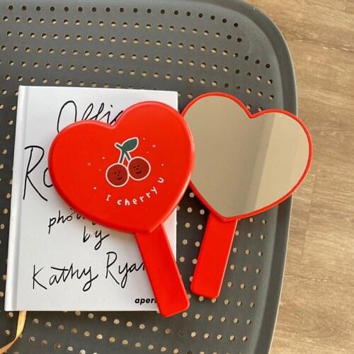 TY140 Pc Lovely Heart-Shaped Red Handheld Mirror Cartoon Cherry Makeup Mirror With Handle