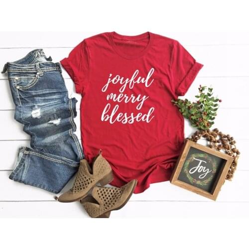 Joyful Merry Blessed Shirt Cute Christmas women fashion slogan casual red aesthetic grunge cotton t-shirt quote party style tees