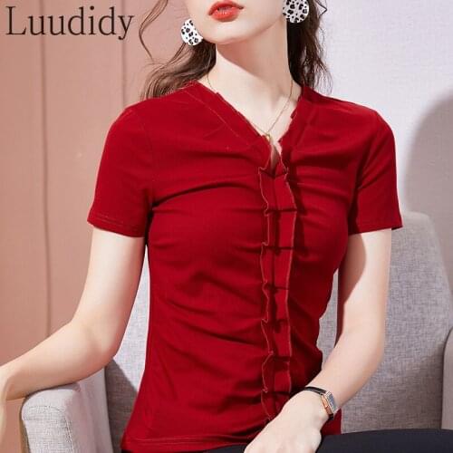 Women Solid Color Knitted T-Shirt Female V-Neck Casual Slim Short Sleeve Tee Top Plus Size