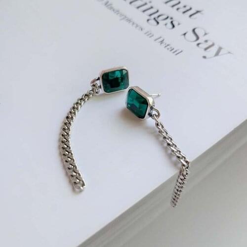 Fashion Real 925 Sterling Silver Dangle Earrings For Women Korean Long Chain Tassel Square Grenn Cubic Zircon Earring Party Gift