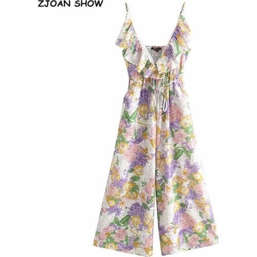 2020 Ruffles V neck Flower print Wide Leg Jumpsuit Women Lace up Waist Spaghetti Strap Rompers Back Elastic Long Pants Overalls
