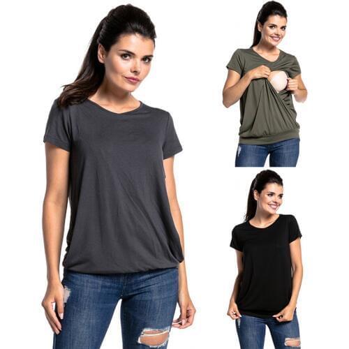 Womens Short Sleeve Pure Colour Tops Breastfeeding Nusring Maternity Clothes Pregnant Blouse Maternity Clothes for Pregnant