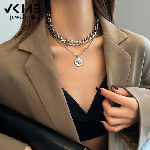 VKME Fashion Multi-layered Thick chain Necklace For Women Vintage Gold Coin Pearl Choker Sweater Necklace Party Jewelry Gift