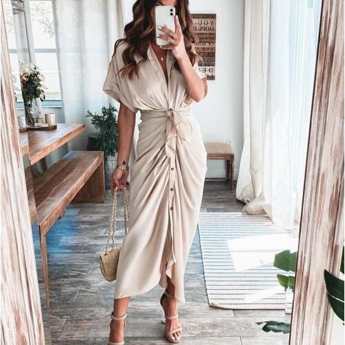2021 New Sashes Summer Women Short Sleeve Shirt Dress With Wrap Belt Woman Long Dresses For Women Casual Button Solid Sundress