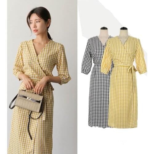 2021 summer retro women slim high waist belt black and white plaid V-neck half sleeve dress