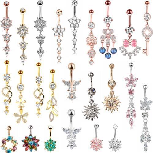 1/2PCS Lotus Flower Belly Ring Bronze Cute Navel Piercing Surgical Steel Sexy Sunflower Belly Button Ring Chain Piercing Ombligo