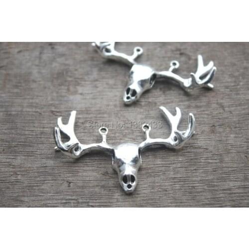 6pcs Antler Skull charms,Antique Silver tone Vintage Large Artistic 3D Deers Heads With Antlers Charm Pendants 55x38mm