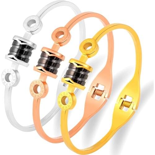 Black Wheel Design Roman Letters for Bracelet Stainless Steel Punk Jewelry Woman Round Bangle Gold Silver Fashion Accessories