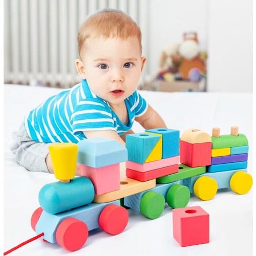 Montessori Wooden Train Truck Blocks Educational Learning Toys Geometric Children Kids Building Bricks Gift
