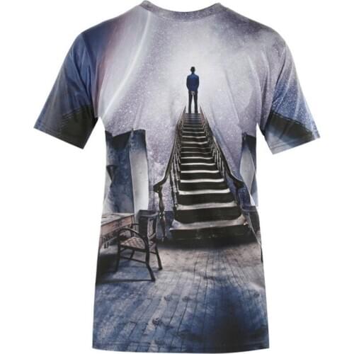 Unisex Stair Printed T-shirt Men Short Sleeve Top Male Dancing Team Stage Clothes