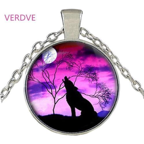 New hot Wolf & Moon Pendant Wolfs Moon Necklace Purple Moon Jewelry Black and Purple Full Moon Jewelry Wolf Pendant