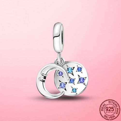 New Genuine 925 Sterling Silver Pendant CZ Moon Star Dangle Charm Pendant Fit Original Bracelet DIY Making Gift Women Jewelry