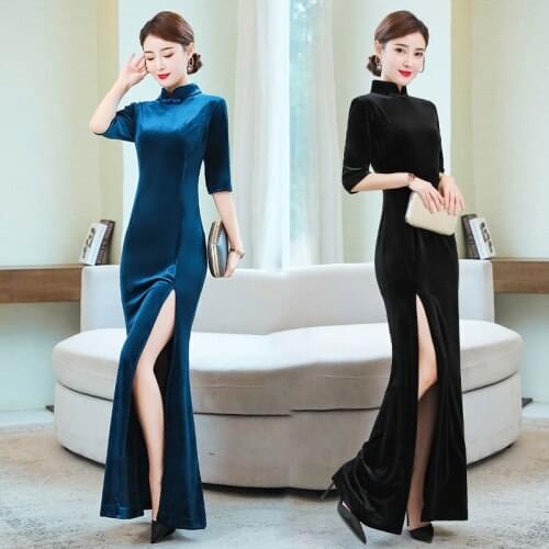 2021 Fashion Spring Autumn Golden Long Modified Velvet Cheongsam High Grade Etiquette Large Ceremonial Performance Clothes Show