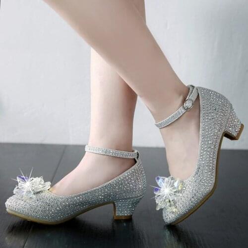 2020 autumn new girls' crystal shoes, Korean models, piano models, silver shoes, childrens high heeled princess shoes