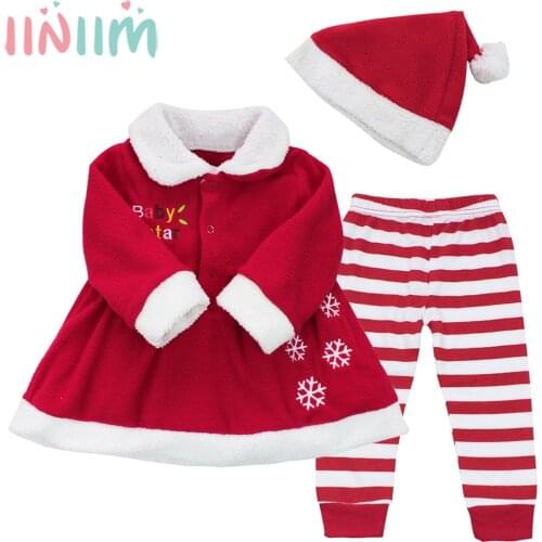Autumn Newborn Baby Girls First Christmas Clothes Sets Infant A-Line Princess Top + Striped Trousers +Hat Outfits Girls Xmas Set