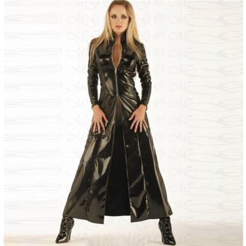 New Fashion Sexy Plus Size Vinyl Clubwear Balck Pvc Faux Leather Long Sleeves Gothic Long Coat For Men Women PU Trench