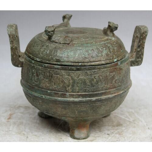 Song voge gem S2174 13" Old Chinese Bronze Folk animal Beast foodstuff vessel handle Pot Jar Crock