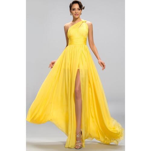 Tanpell Yellow Evening Dress One-Shoulder Pleats Ruffles Split-Front Woman Party Gown Floor Length Long Evening Dress