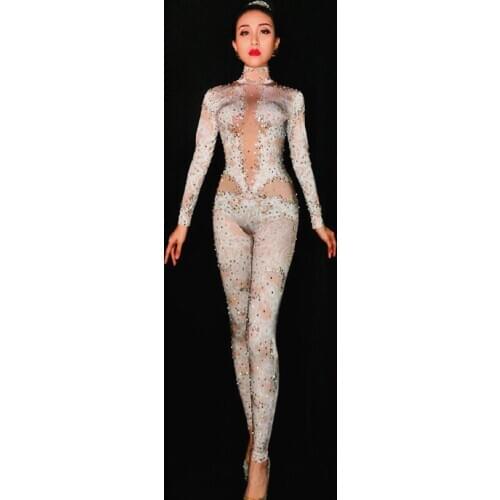 Women Nightclub Party Wear Rhinestones Jumpsuit Leggings Stretch Sexy Costume Dance Bodysuit Fashion Rompers