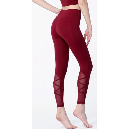 Women Sport Leggings High Waist Yoga Pant Mesh Patchwork Cross Bandage Gym Workout Leggings Tummy Control Running Fitness Tights