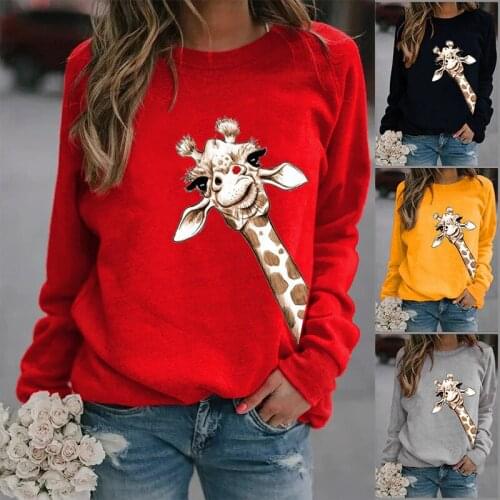 Womens Giraffe Printed Round Neck Sweatershirts White Pink Red Black Yellow Shirts