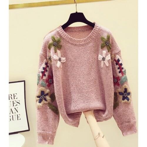Beaded Embroidery Flower Women Sweater Pullovers Winter New O-Neck Long-Sleeved Thicken Warm Female Pulls Outwear Coats Tops