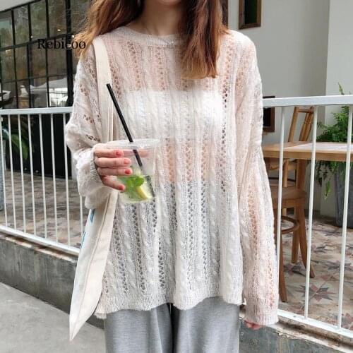Women Spring Sweater O-neck Hollow Out Transparent Female Fashion Pollover Korean Style Ladies Jumper Sexy