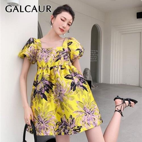 GALCAUR Pullover Vintage Dress For Women Square Collar Puff Short Sleeve High Waist Hit Color Mini Dresses Female 2021 Clothing