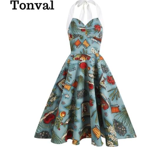 Tonval Halter Neck Lace Up Back 50s Retro Multicolor Slim Swing Dress Sexy Backless Party Women Rockabilly Vintage Clothes